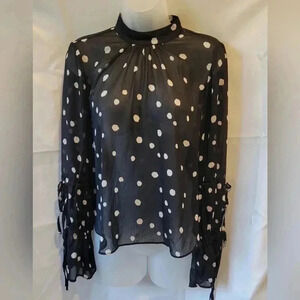 Topshop Black & White Polka Dot Mock Neck Sheer Long Sleeve 6